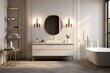 Inviting modern classic minimalist bathroom with a standalone vanity, geometric tiles, and warm lighting