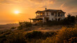 A luxurious villa in Cyprus, with the Mediterranean Sea as the background, during a golden sunset