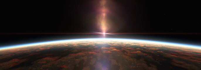 Wall Mural - earth sunrise from space over cloudy ocean. 3d rendering