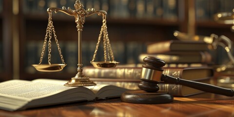 Poster - A wooden table with a book and a gavel. Can be used to represent law, justice, or legal concepts