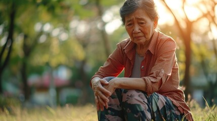 Poster - A woman sitting in the grass with her hands resting on her knees. This picture can be used to depict relaxation, contemplation, or enjoying nature