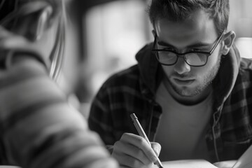Poster - A man and a woman sitting at a table, engaged in writing. Suitable for various business, education, or creative concepts