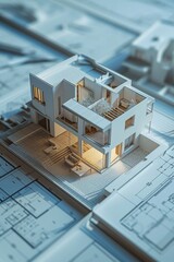 Fototapete - A house model is placed on top of a blueprint, representing the process of designing and constructing a new home.