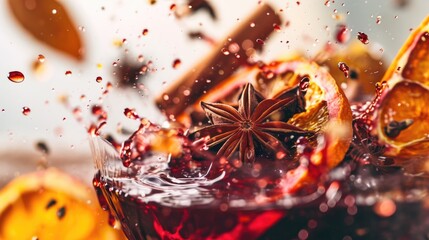 Poster - A close up view of a glass of wine with an orange slice and star anise. Perfect for beverage and cocktail-themed designs