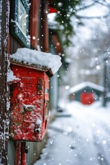 Poster - A red mailbox is positioned on the side of a building. This image can be used to depict mail delivery, communication, or urban settings