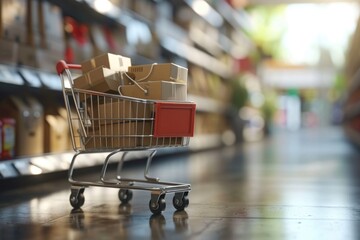 Poster - A shopping cart filled with boxes in a store. This image can be used to represent shopping, retail, warehouse, delivery, or logistics