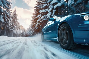 Wall Mural - A blue car is seen driving down a snowy road. This image can be used to depict winter driving or a scenic snowy landscape