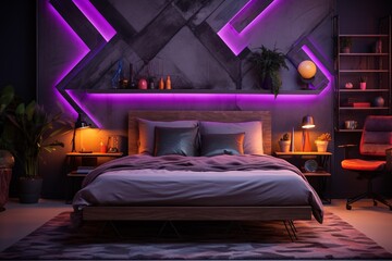 Wall Mural - Stylishly lit bedroom interior with neon lights. Interior design.