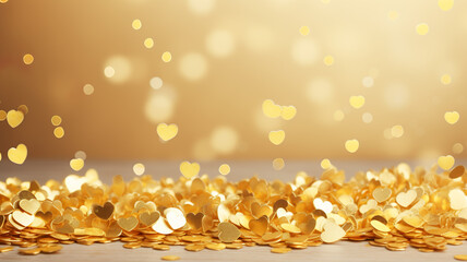 Wall Mural - Gold confetti hearts with copy space. Generative AI