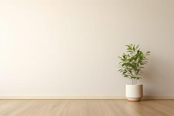 Blank beige wall in house with tropical tree on wooden parquet for luxury interior background