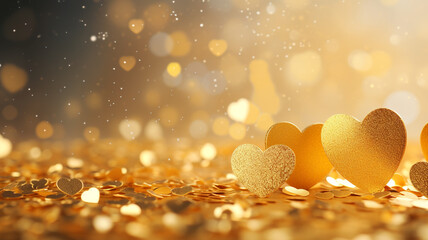 Wall Mural - Gold confetti hearts with copy space. Generative AI