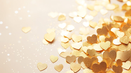 Wall Mural - Gold confetti hearts with copy space. Generative AI