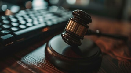 Poster - A wooden gavel sits on top of a desk next to a keyboard. This image can be used to represent concepts such as law, justice, or decision-making