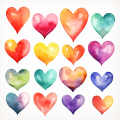 Wall Mural - Watercolor clip art of colorful hearts on white background. Generative AI