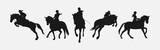 Fototapeta  - silhouette set of horse and jockey with action, different poses. equestrian sport, dressage, show jumping, horse racing. vector illustration.