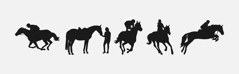 silhouette set of horse and jockey with action, different poses. equestrian sport, dressage, show ju