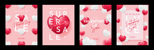 Valentine's Day Concept Poster Set. Red, White Heart Frame Background. Copy Space. Cute Love Sale Banner Template, Voucher, Greeting Card. Trendy Style. Isolated 3D Realistic Vector Illustration.