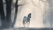 Majestic white horse standing in winter forest glade 