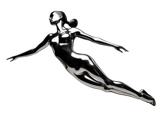 Poster - Y2K futuristic chrome woman flying isolated. Melty gloss silver metal mannequin