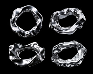 Wall Mural - melty chrome wavy circle shapes isolated. y2k futuristic distorted liquid metal silver, y2k metallic