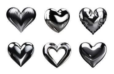 Poster - melty chrome heart icons isolated. melted metal hearts png with reflections. ai generated