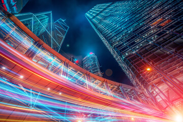 Poster - Beautiful light trials effect on Hong Kong skyscape at night