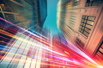 Poster - Beautiful light trials effect on Hong Kong skyscape at night