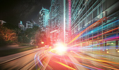 Poster - Beautiful light trials effect on Hong Kong skyscape at night