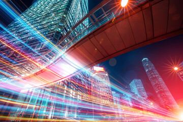 Poster - Beautiful light trials effect on Hong Kong skyscape at night
