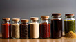 A collection of various spices in glass jars