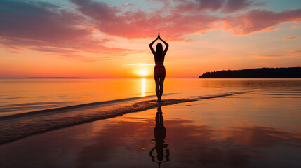 Wall Mural - person practicing yoga on a beach at sunset