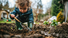 Kid In Green Boots Using Rake On Soil While Learning Gardening In Backyard
