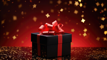 Poster - Red gift box with a golden ribbon, surrounded by a scattering of red and gold star-shaped confetti on a dark background.