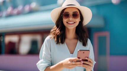 Poster - Cheerful woman in a summer outfit holding a smartphone in her hand