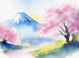 Fototapeta Sport - 桜と富士山の春の日本の水彩画