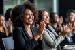 © Vilaysack - Black woman, Target growth, finance team and diversity of business group clapping for support and happiness. Company success. Generative AI
