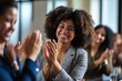 © Vilaysack - Black woman, Target growth, finance team and diversity of business group clapping for support and happiness. Company success. Generative AI