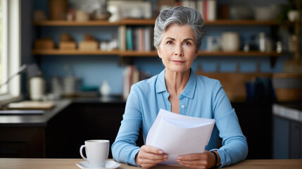 Canvas Print - Focused woman working on a laptop and reading a document.