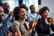 Black woman, Target growth, finance team and diversity of business group clapping for support and happiness. Company success. Generative AI