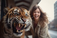 Beautiful Young Woman Playing And Roaring With Tiger