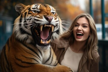 beautiful young woman playing and roaring with tiger