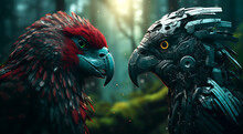 Futuristic Two Scary Birds Face Each Other Menacingly