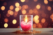 Pink Heart Shape Candle Burning in Glass Candle Night with Golden Bokeh Background. Sparkling Glittering Hearts and Candles Bokeh Shiny Background for Valentine's Day Card