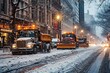 Oversized dump trucks and snow plows work on New York roads during heavy snowfall