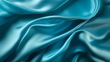 Wall Mural - Cyan blue grenn silk, intense blue silky fabric, satin cloth, close-up picture of a piece of cloth, waves of fabric, fashion, luxury fabric, background texture, fabric texture,