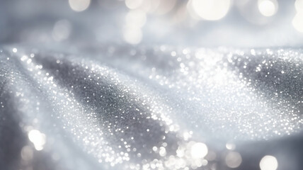 Silver glitter fabric, shiny silver fabric with sequin,  sparkly fabric background with bokeh light, luxury fabric, close-up shot of waves of fabric