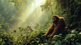 Fototapeta  - Orangutans in lush and expansive reserved forest, AI Generated