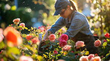 Volunteer Pruning Roses In Peaceful Community Garden, AI Generated