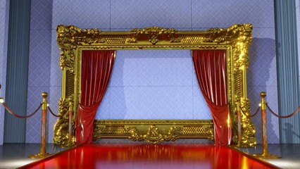 Wall Mural - 3D animation of red carpet leading to a golden frame border with gold barrieres