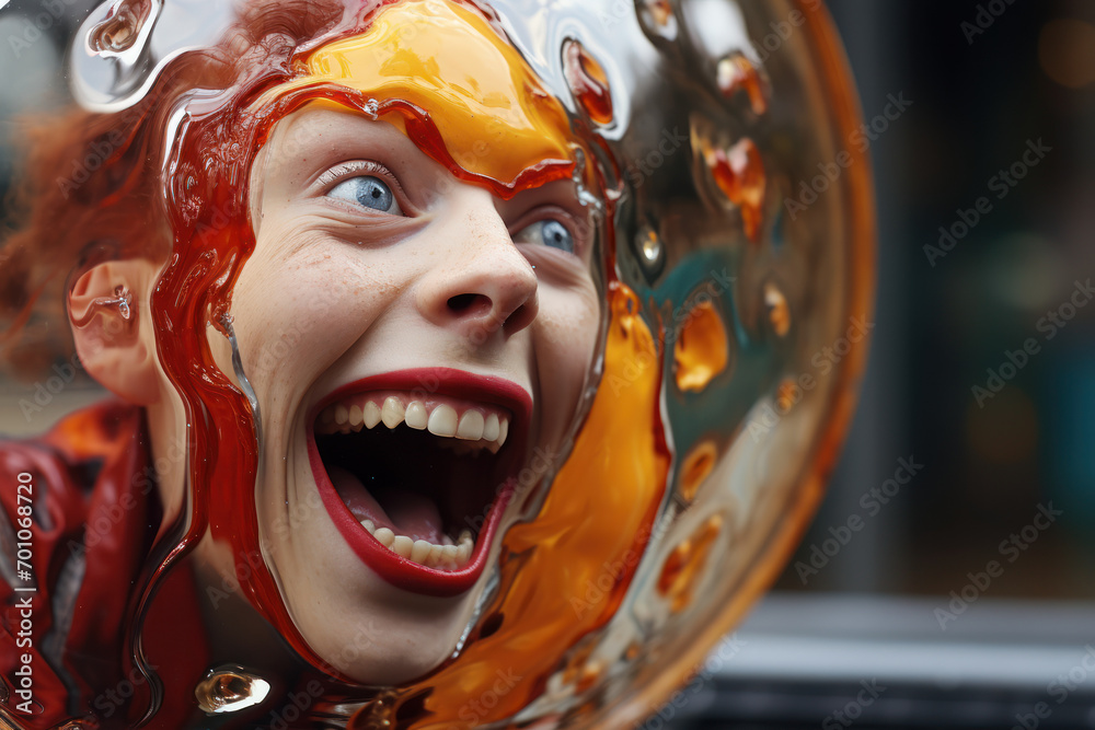 A distorted reflection in a carnival mirror, warping the features into ...